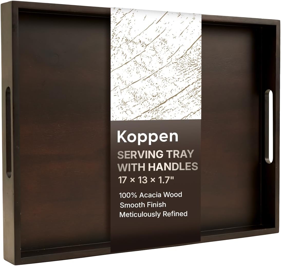 Koppen Acacia Wood Serving Tray with Handles, 17" x 13", Large Wooden Platter for Breakfast, Ottoman Tray for Party, Snacks, Fruit, Coffee Table, Living Room, Sofa, Bed, Outdoor, Walnut Color