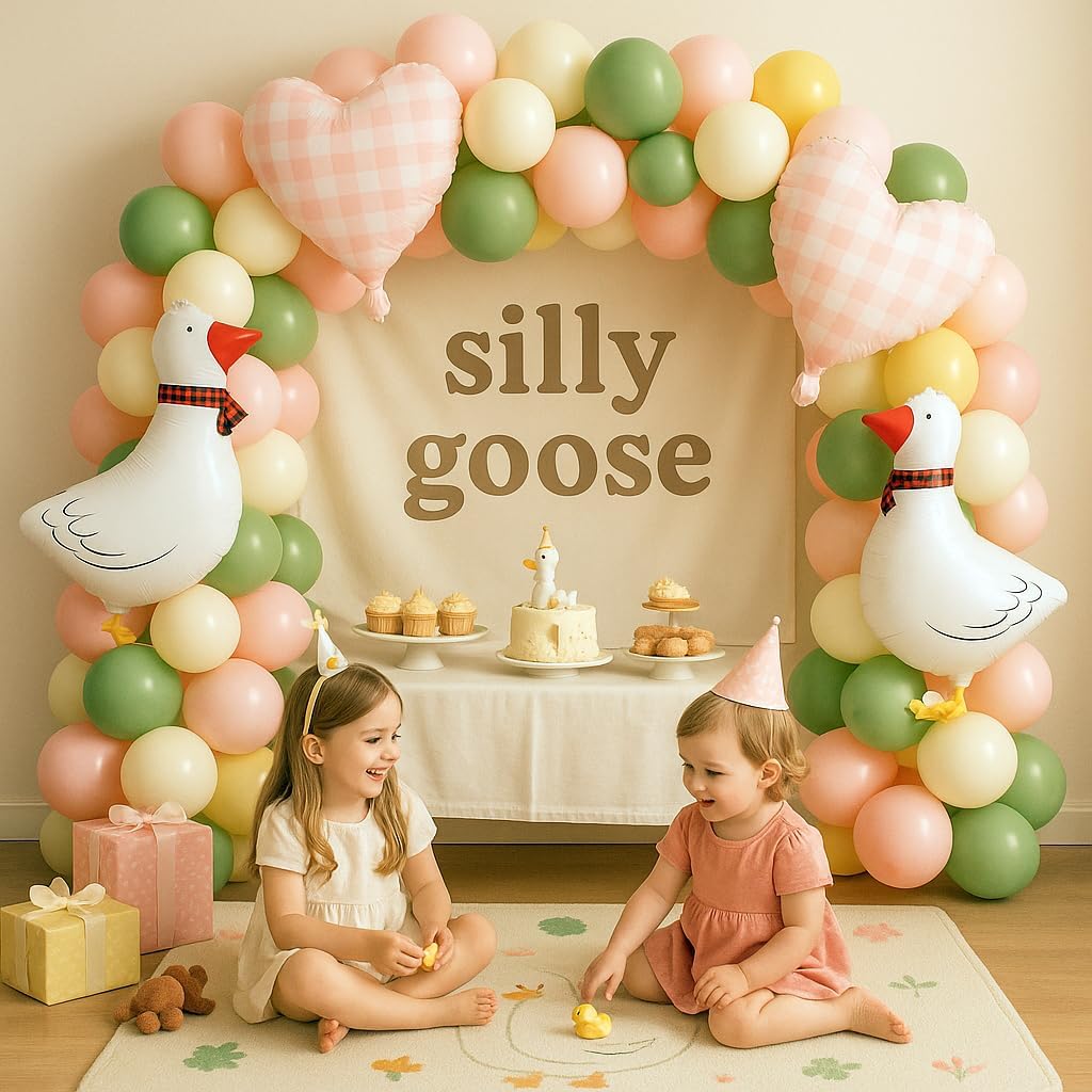 One Silly Goose Balloon Arch Kit with Walking Goose and Gingham Foil Balloons for Boys Girls Goose First Birthday Baby Shower Vintage Pink Blue Green Yellow Gingham Party Decorations (Pink) - Image 4