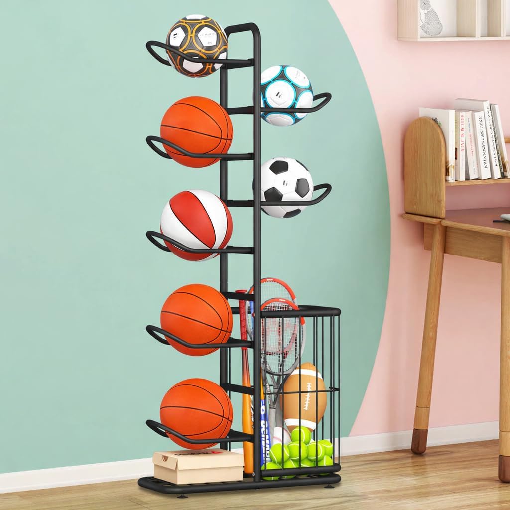 7-Ball Sports Equipment Storage Rack with Ball Holder, Ideal for Garage or Indoor Use - Organize Toys, Sports Gear and More, 57.5" (Black)