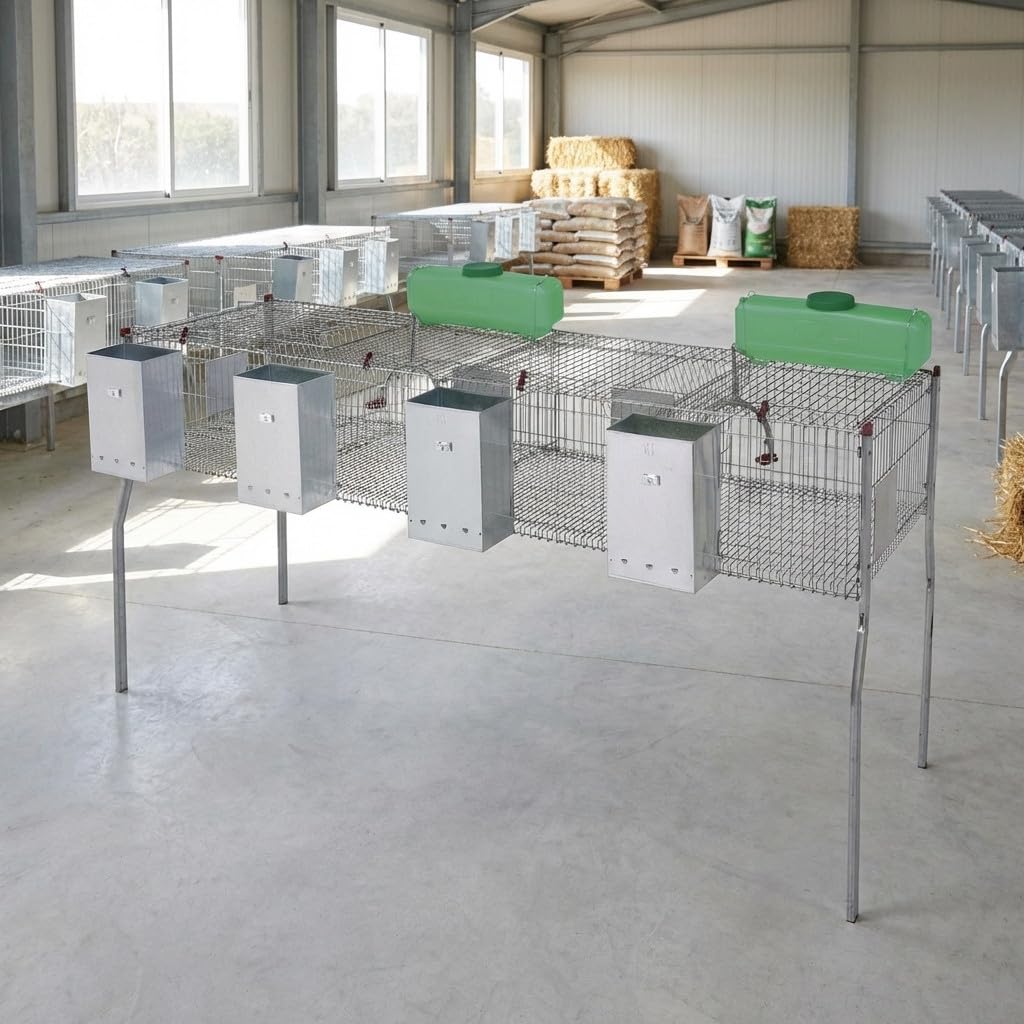 Suinga Gabbia per conigli a 4 scomparti, pavimento in metallo, 200 x 62 x 99 cm, con tramoggia e abbeveratoio, ideale per allevamento e organizzazione