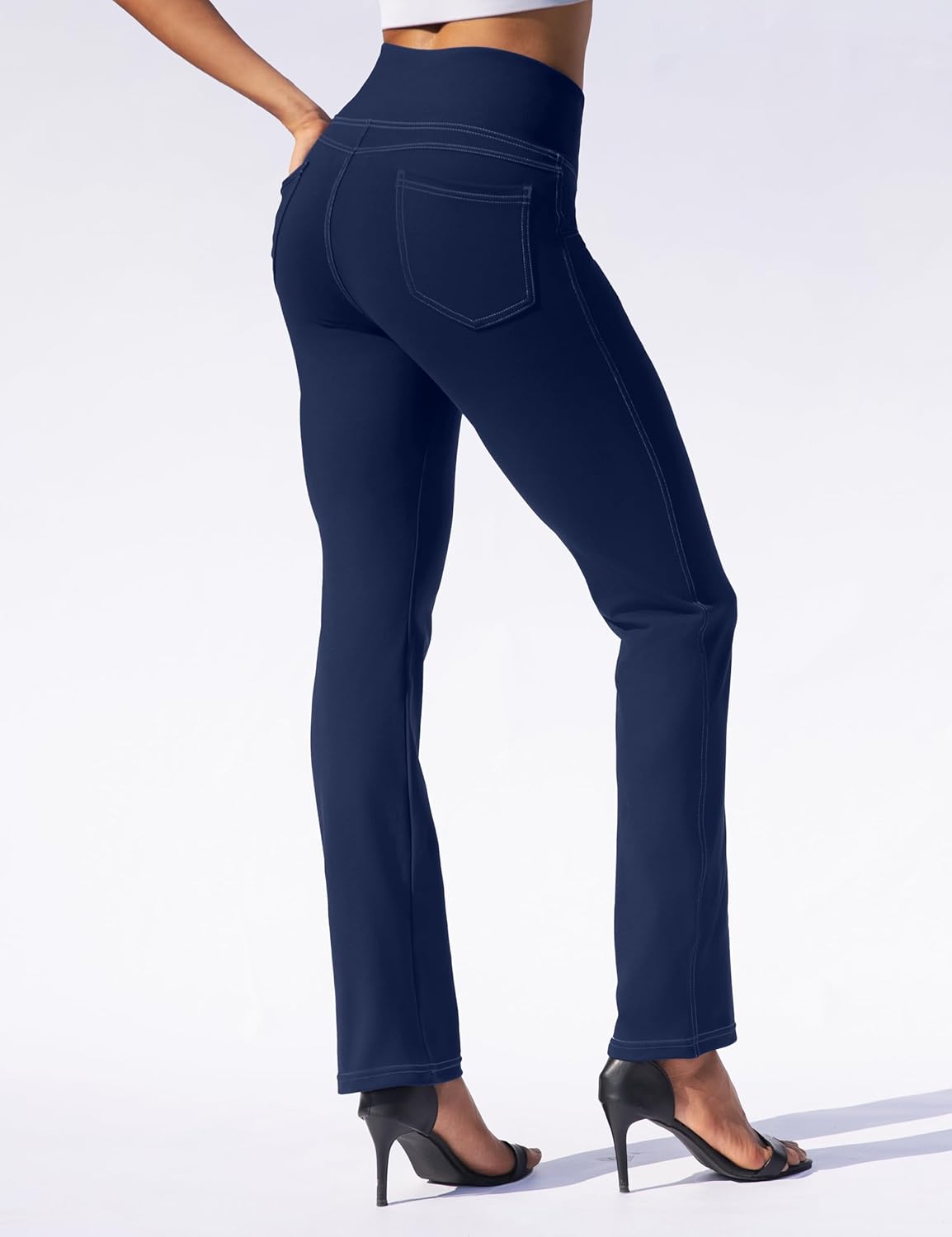 VOOVEEYA Womens Straight Leg Leggings, High Waisted Yoga Pants with Pockets Tummy Control Bootcut Casual Dress Pants