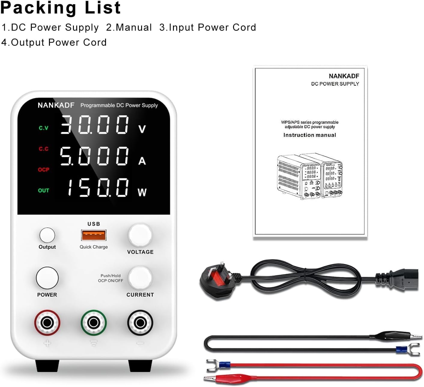 Zasilacz laboratoryjny, 30 V 5 A DC, regulowany zasilacz z pokrętłem do regulacji, wyłącznik wyjściowy i port szybkiego ładowania USB, laboratoryjny zasilacz z alarmem OCP