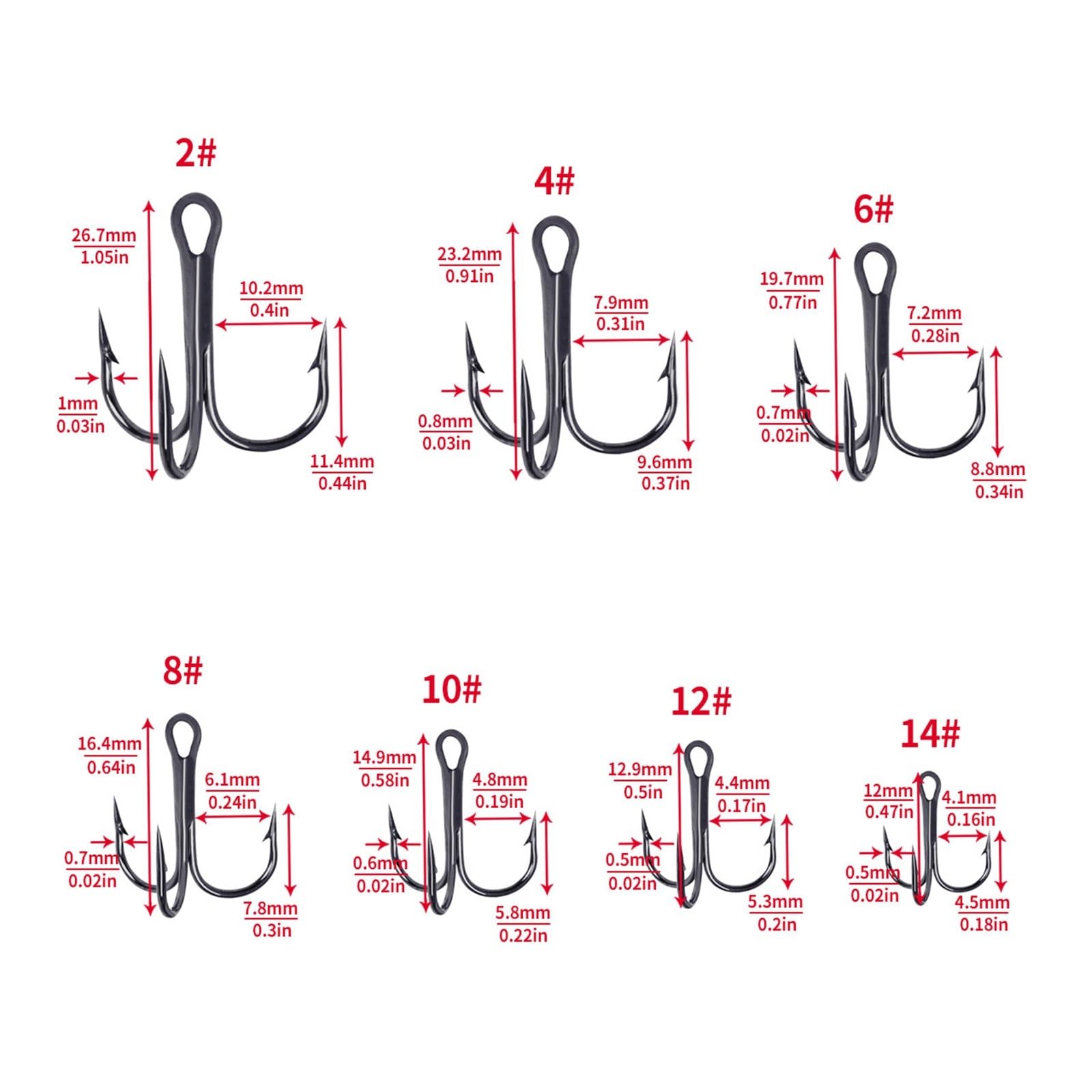 Angel-Jig-Haken, Angelhaken, 2#, 4#, 6#, 8#, 10#, 12#, DREI Ankerhaken, Angelausrüstung, Hartstahl, scharfe Widerhaken, runde Biegung, Drillinge, 10 Stück/Lot (Size : 14)