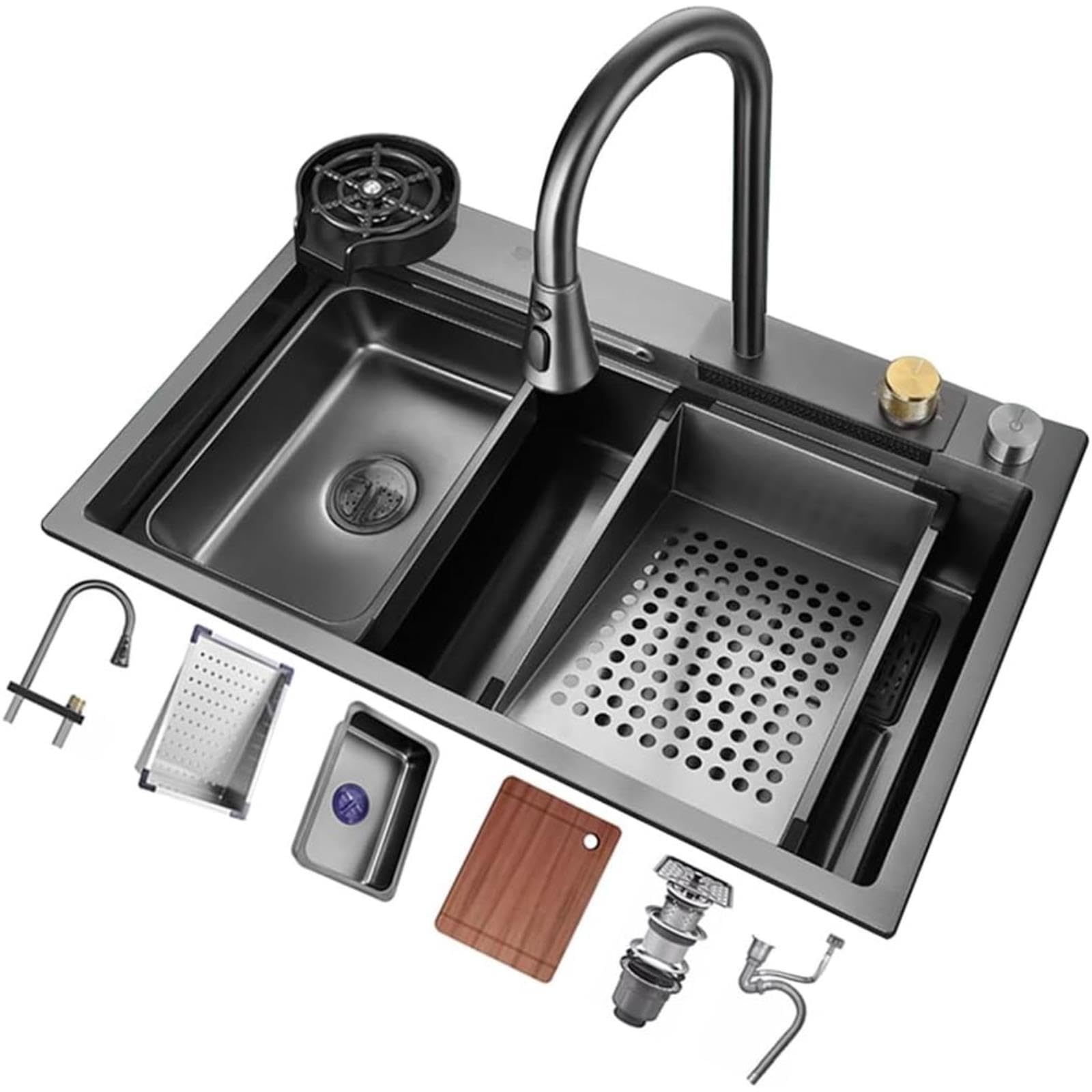 Fregadero Multifuncional De Acero Inoxidable, Cocina, Incluye Tabla De Cortar, Cesto De Drenaje Y Kit De Instalación Completo (A 68x45x22cm)