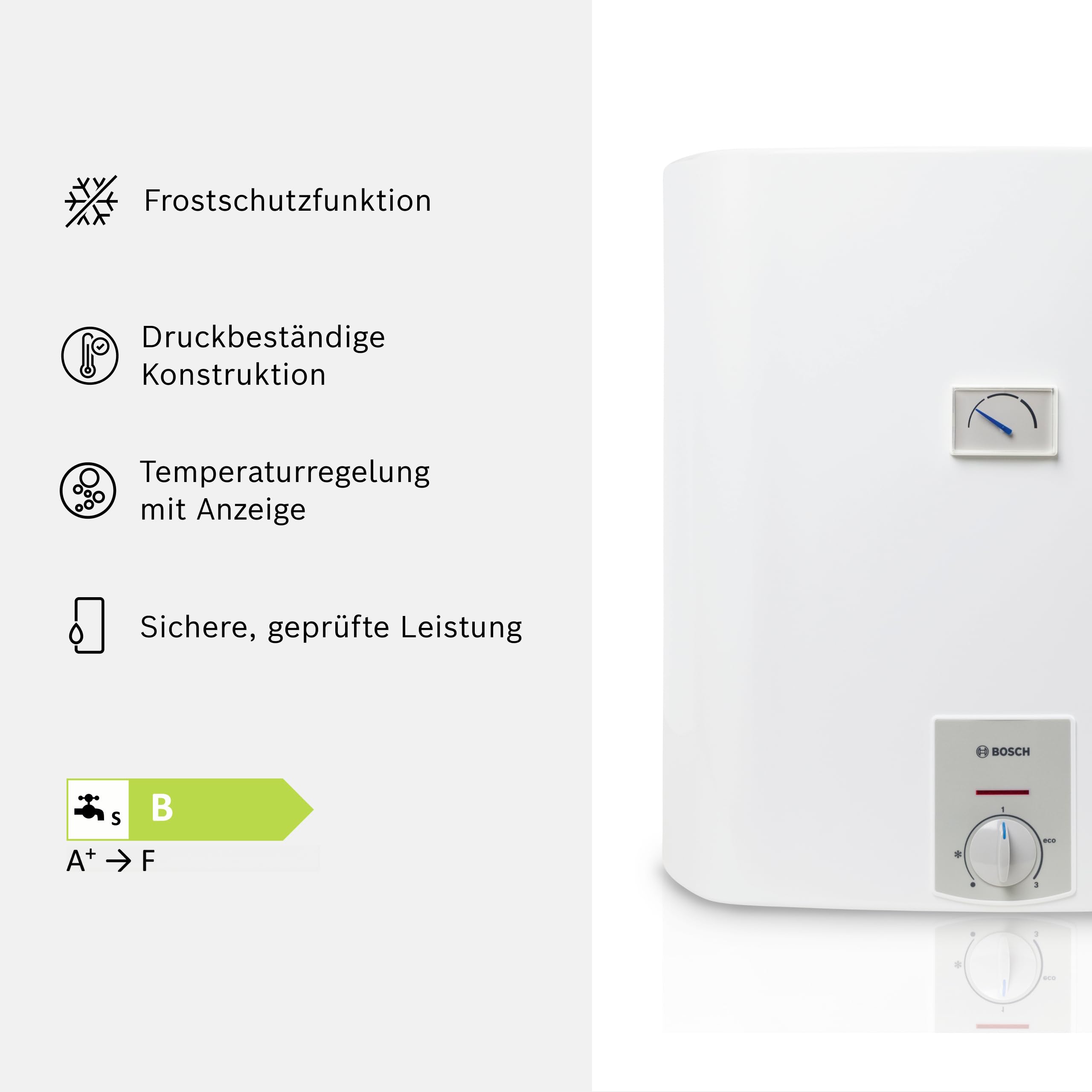 Bosch Elektrischer Wandspeicher Tronic Plus Store - Warmwasserspeicher druckfest mit geringem Bereitschaftsenergieverbrauch, 30 Liter [Energieklasse B]
