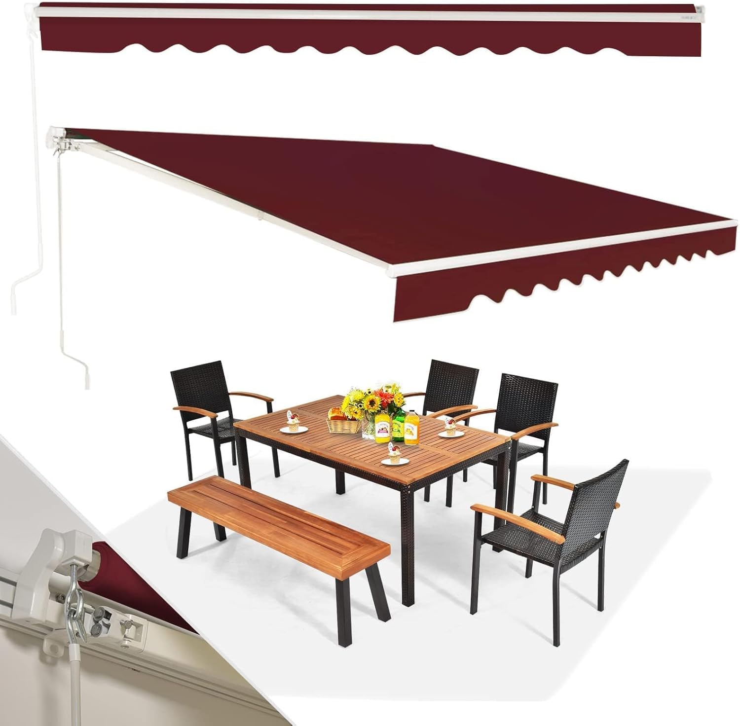 RELAX4LIFE Store rétractable à bras articulés avec manivelle, angle réglable en longueur (5-35 °), store avec revêtement imperméable, protection solaire (4 x 2,5 m, bordeaux)