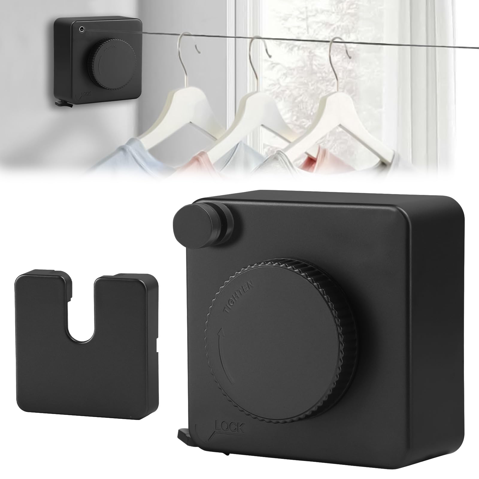 Corde à Linge Rétractable pour Intérieur et Extérieur 4.8m Acier Inoxydable | Aucun Perçage Requis, Extensible Ligne à Laver Murale sans Affaissement, Fil à Linge pour Appartement, Hôtel, Buanderie, Noir