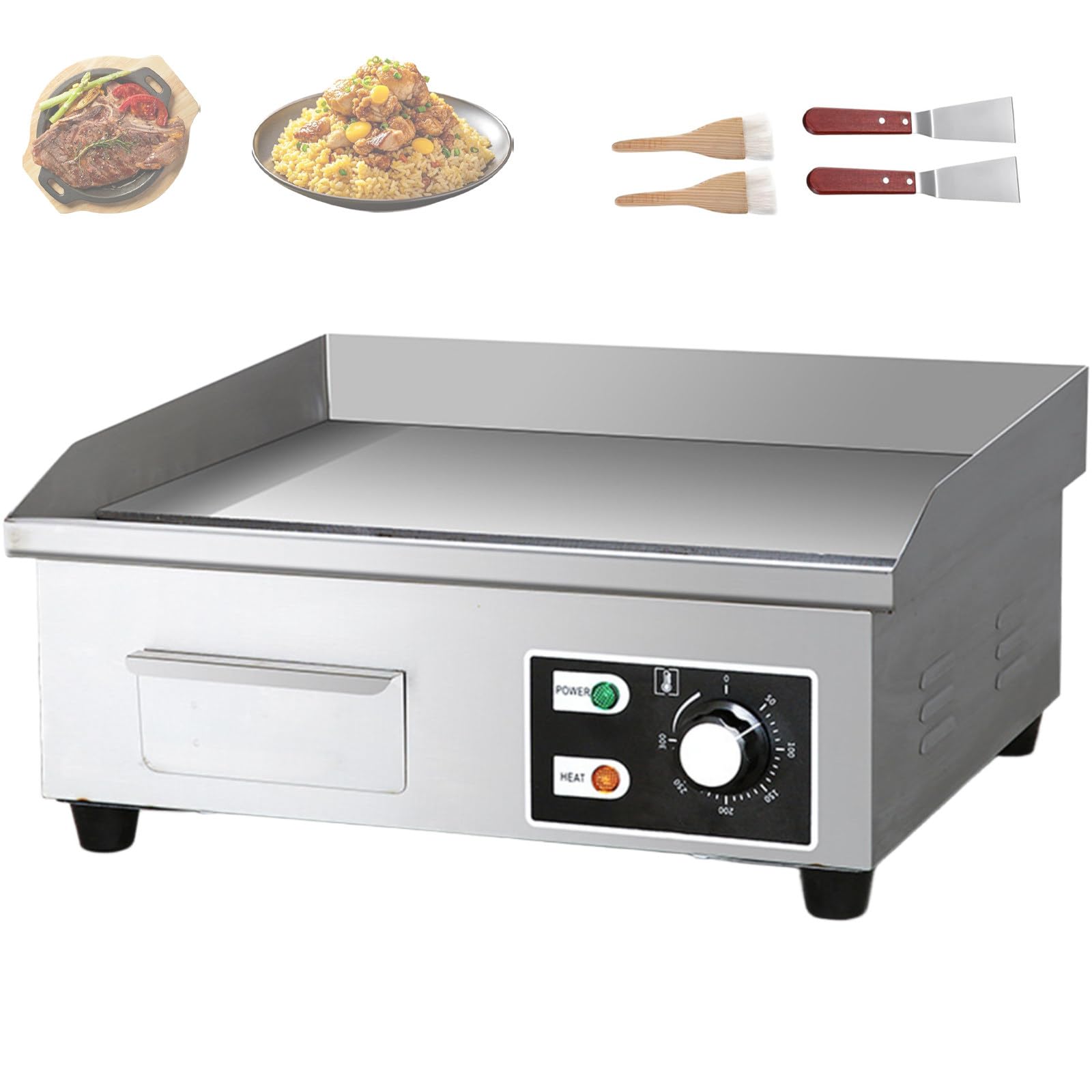 Piastra Elettrica Commerciale, Plancha Professionale 3000W in Acciaio Inox, Temperatura di 0-300ºC, Piastra in Ferro Spessa 8 mm, per Uso Commerciale e Balcone 54 * 40 * 21CM