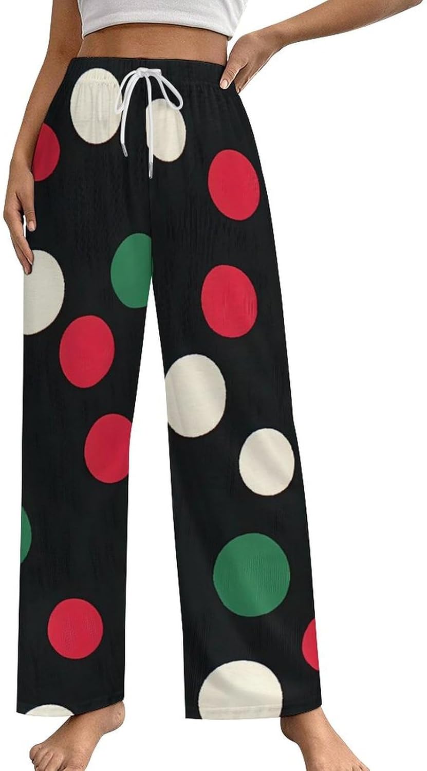 Christmas Polka Dots Pajama Pants Women Long Pockets Lounge Pj Bottom with Drawstring Belt Sleepwear
