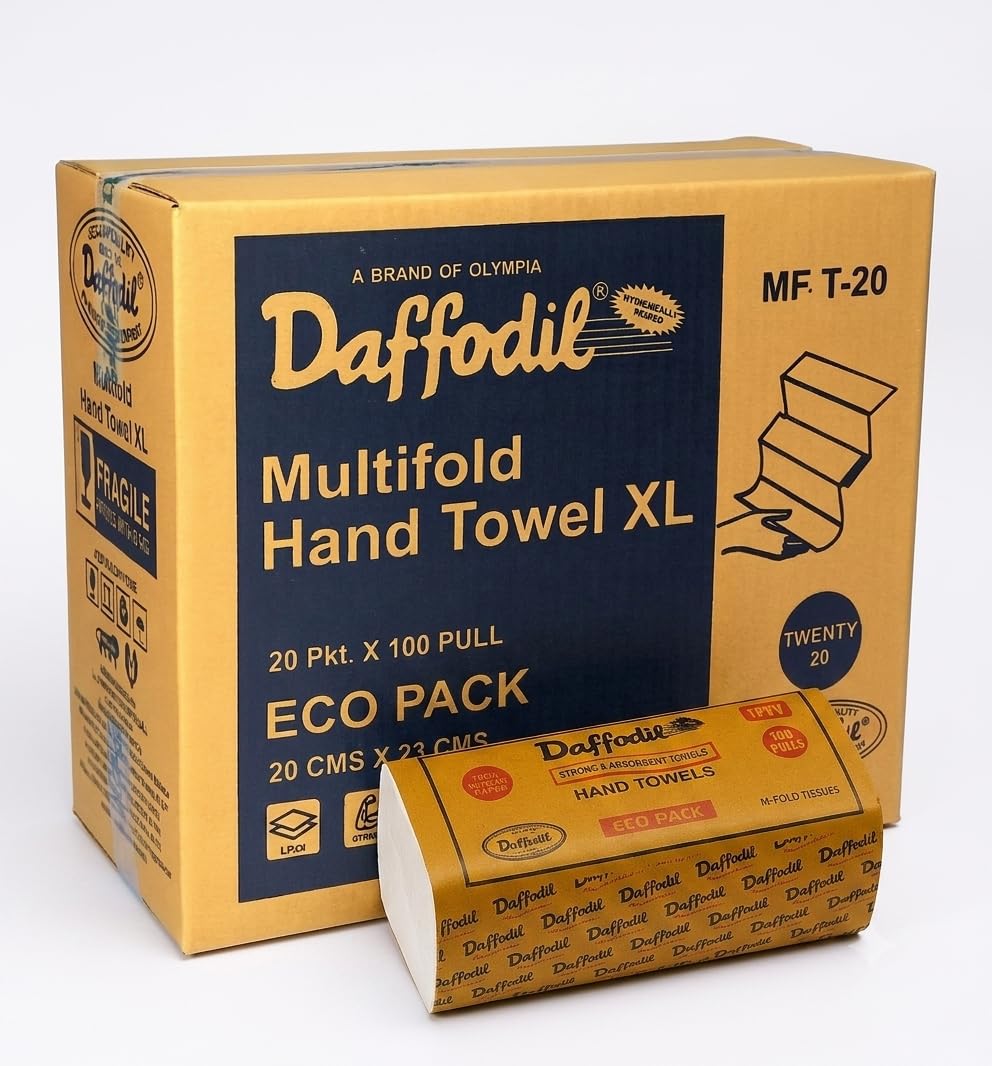 DAFFODIL Multi Fold Paper Towels – Pack of 20 (100 pulls per pack, 2000 pulls) Eco-Friendly Virgin Tissue Papers, Dispenser friendly Hand Towel, Extra Absorbent Tissue Papers Home and Office Use-image-14