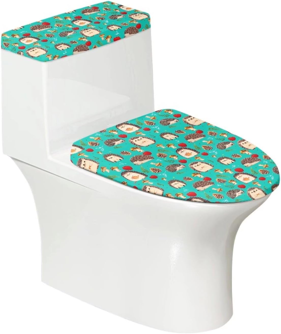 Cute Hedgehog Toilet Lid and Toilet Tank Cover with Elastic Bottom, Apple Pinecone Toilet Covers Set of 2, Turquoise Home Machine Washable Bathroom Accessories