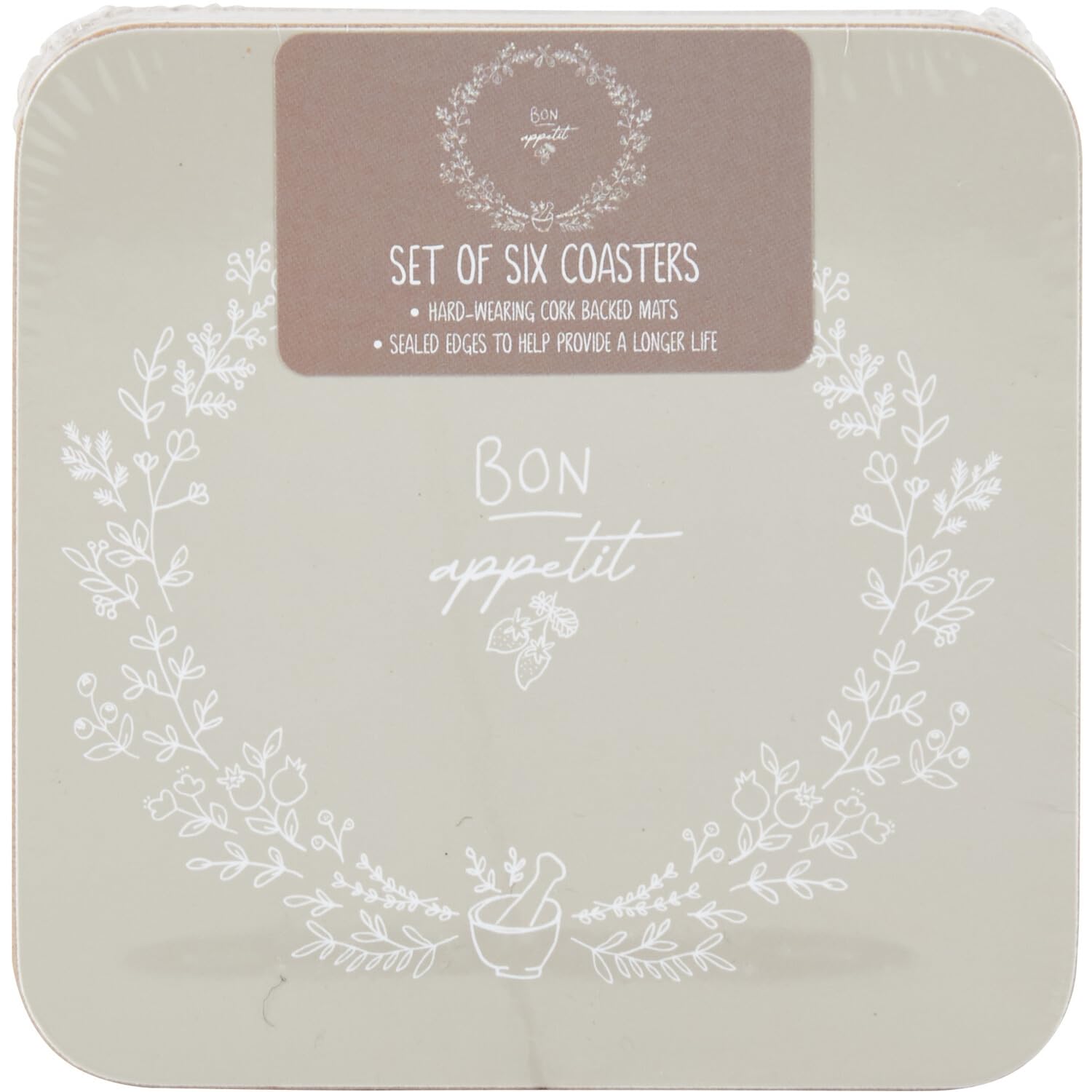 DEENZ Set of Bon Appetit Coasters & Placemats Grey Stylish and Functional with Sealed Edges Cork-Backed to Protect Surfaces (6x Coasters)