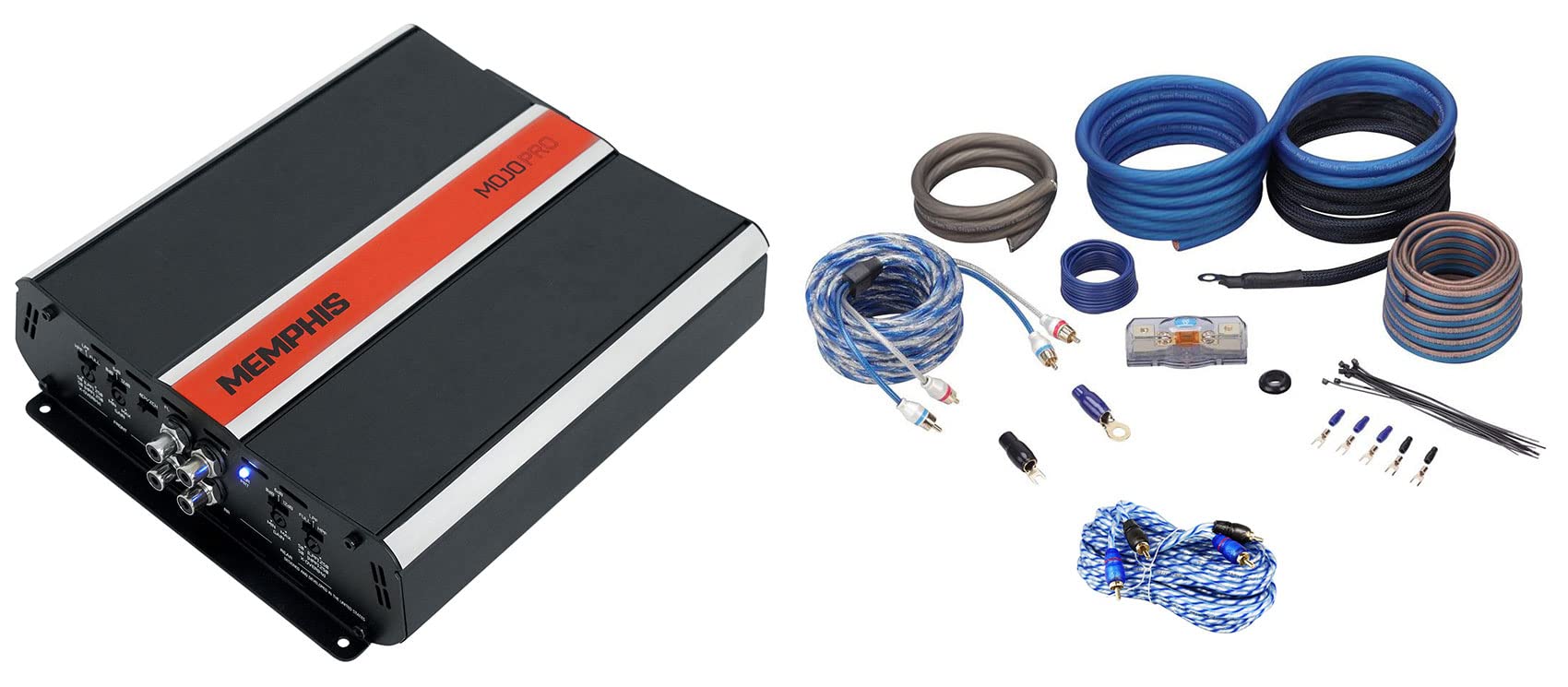 Memphis Audio MJP800.4 800w RMS 4 Channel Car Amplifier Mojo Pro Amp Full Range Bundle with Rockville RWK4CU Amp Installation Wire Kit & RTR172 RCA Cable Split Pin (3 Items)