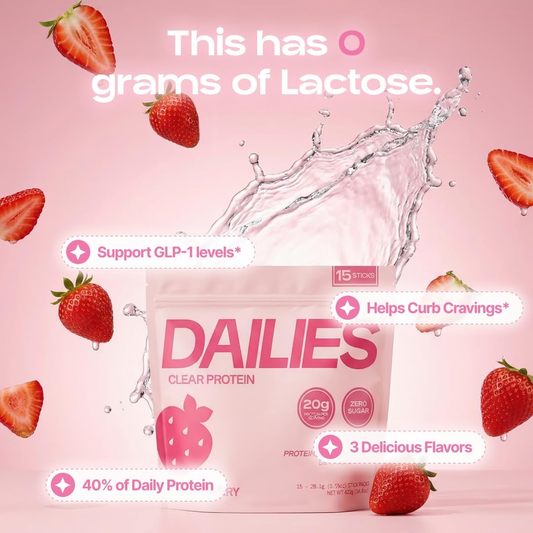 DAILIES Clear Protein Powder, Sugar Free Flavor, 20g Whey Isolate & 100 Calories per Serving, Light & Refreshing Protein Shake Drink Mix for Pre or Post Workout, 15 On the Go Stick Packs (Strawberry)