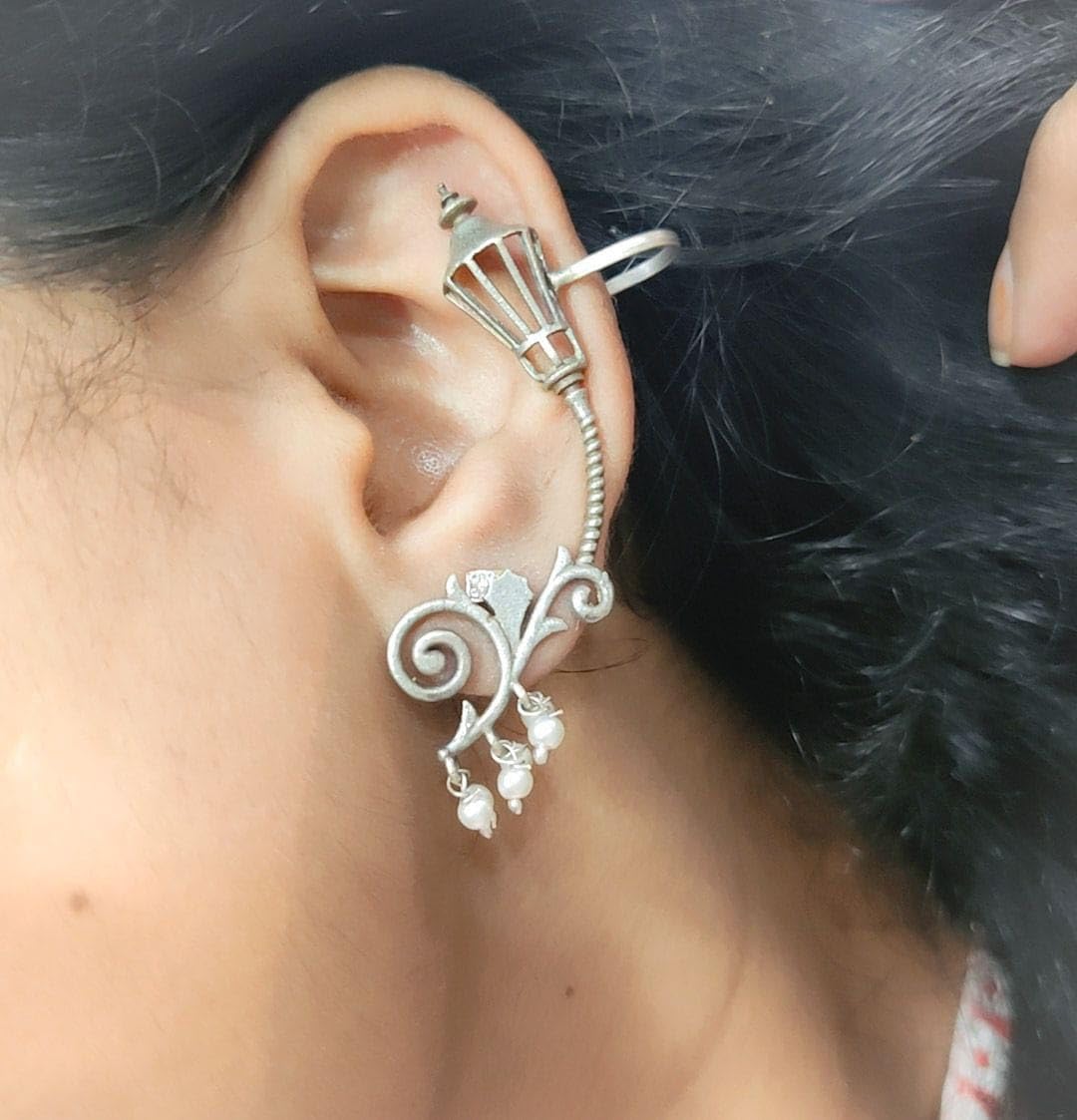 Oxidised Silver Lamp Design Earcuff for Women | Adjustable Ear Cuff Earring | Traditional Ethnic Boho Jewellery | No Piercing Required-image-0