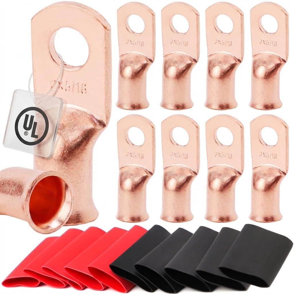 TKDMR 10pcs 2 AWG-5/16 Battery Lugs,Heavy Duty Wire Lugs,Ring Terminals,Battery Cable Ends,0 Guage terminals,Battery Terminal Connectors with 10pcs 4:1 Heat Shrink Tubing