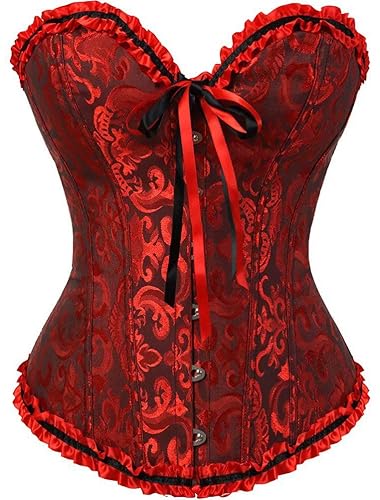 SHYMMUO Women's Lacing Corset Top Satin Floral Boned Overbust Body Shaper Bustier Sexy Waist Push Up Shapewear Lingerie… - 6X-Large - Black-red