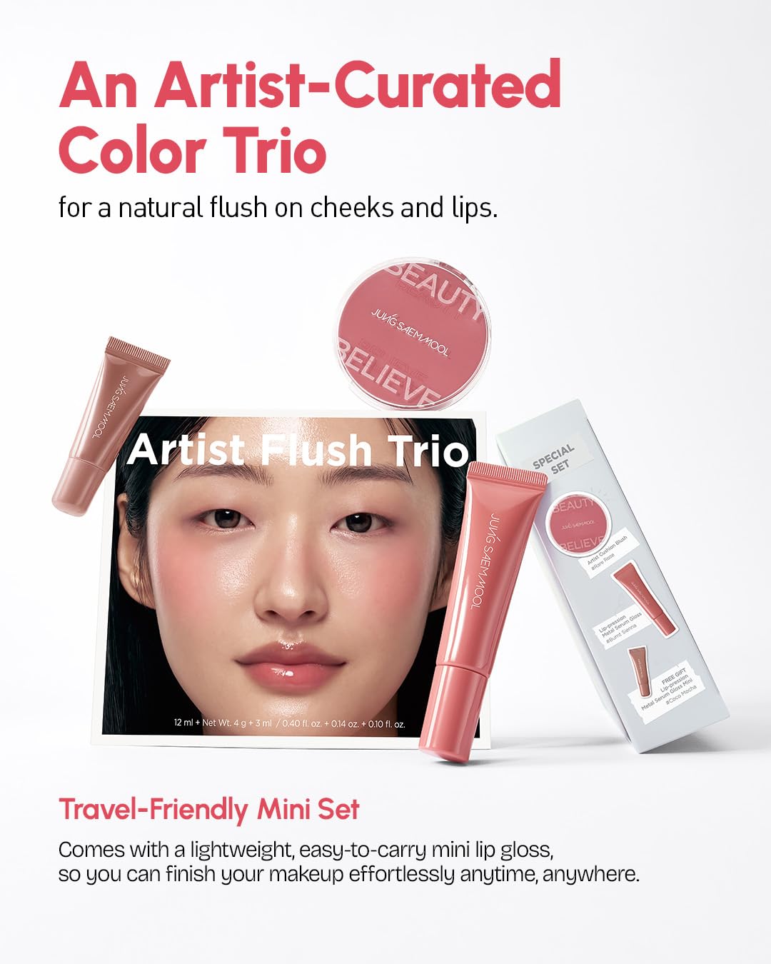 JUNG SAEM MOOL Artist Flush Trio #Soft Vintage Rose | Hydrating Tinted Lip Balm with a Hygiene Precision Metal Applicator & Buildable Liquid Cushion Blush for Cheeks with Puff