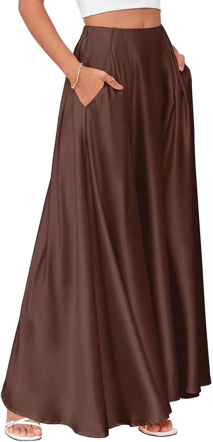 Satin Maxi Skirt,High Waisted - Flowy Long A Line Pocketed Satin Skirt Trendy Vacation Outfits | for Vacation