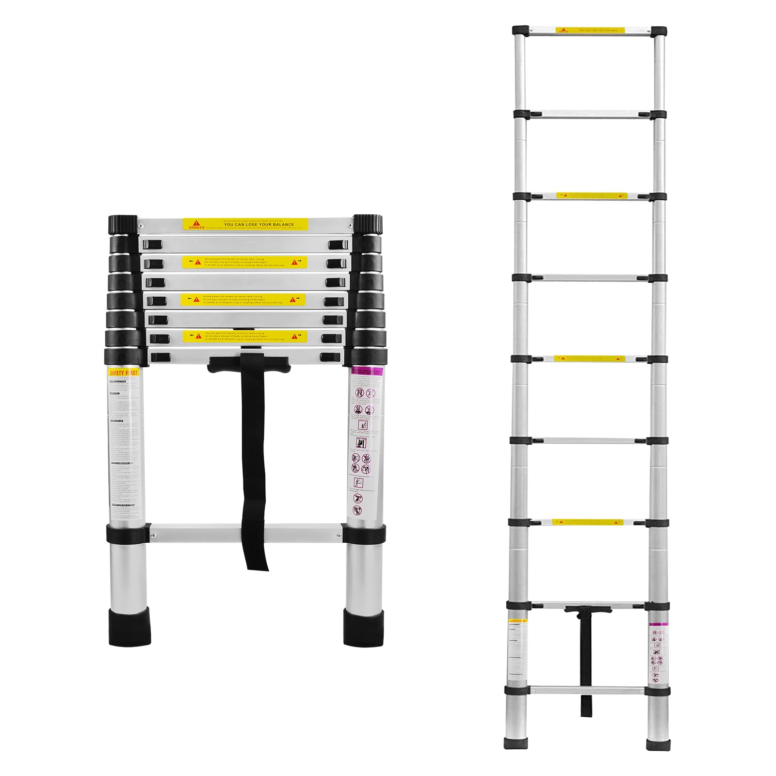 Aufun Teleskopleiter Alu 2,6m Ausziehbare Leiter Rutschfester Aluleiter Schiebeleiter Sprossenleiter Ausziehleiter Aluminiumleiter Teleskop-Design Mehrzweckleiter max 150 kg Belastbarkeit