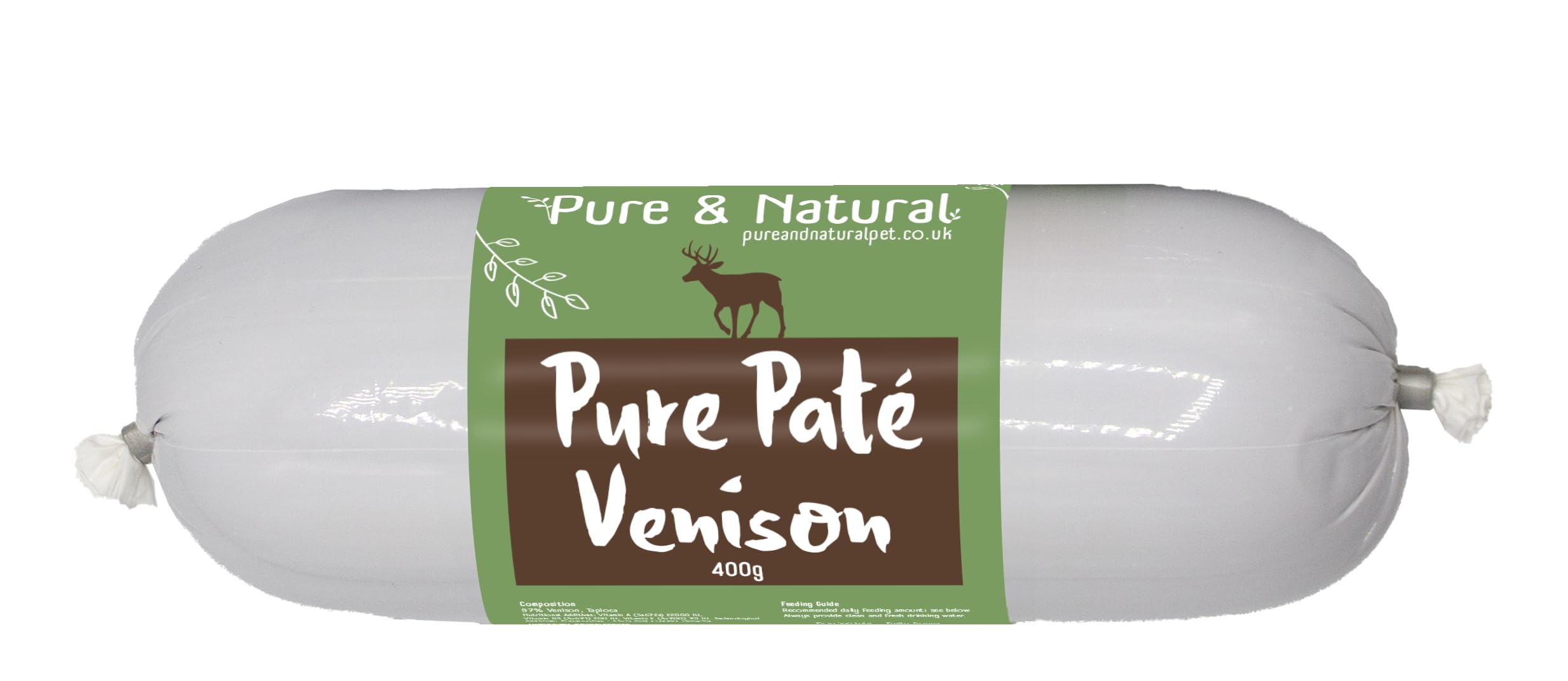 Pure & Natural Wet Dog Food Pate Chub Roll, 97% Venison 400g - High Meat Content, Moist, Grain Free Dog Food for All Breeds