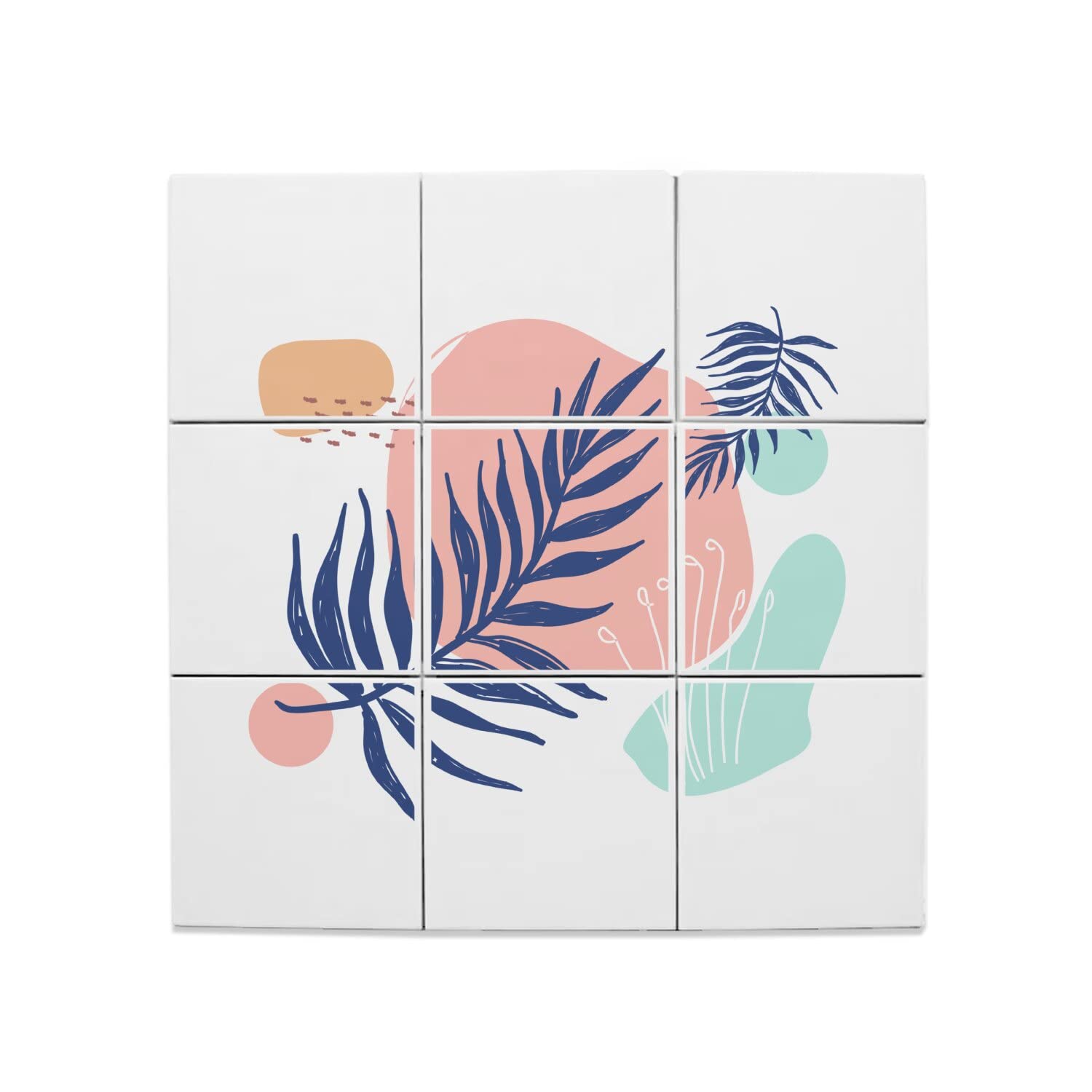 Fabulous Lot x9 Carreaux Céramique Décoratif 15,2 x 15,2 cm - Feuille Pastel Tropical Exotique Jungle Minimaliste (Taille totale 45,6 x 45,6cm)