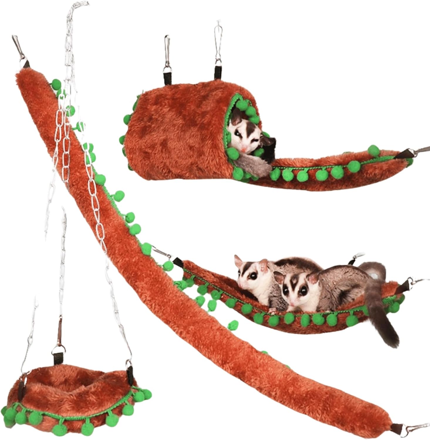 Sugar Glider Toy Set 5-Piece Mouse Hanging Warm Bed Hamster Tunnel and Hideout Mouse Nest Triangle Hammocks Accessories Toy Decorations Small Animal Squirrel Guinea Pig Hamster Climbing Swing (Brown)
