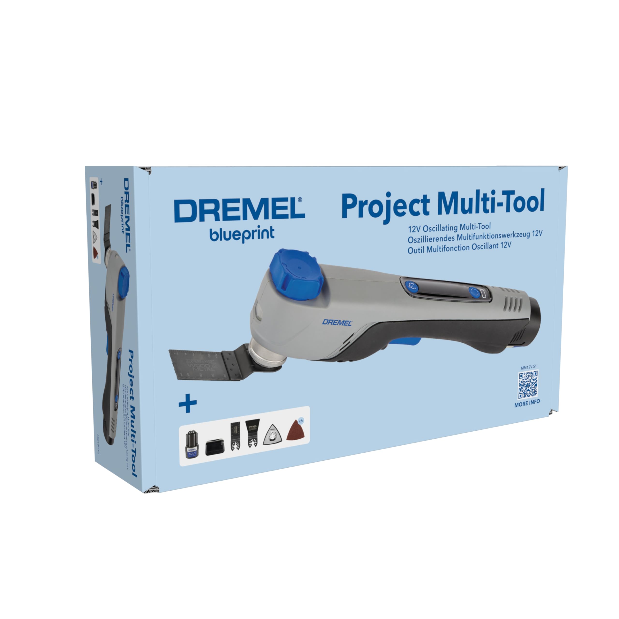 Dremel Blueprint 12V Outil Multifonction Oscillant Sans Charbon avec Sélecteur d’Application (avec Lame de Coupe et de Grattage, 6 Disques Abrasifs, Plateau de Ponçage, Chargeur+Batterie)