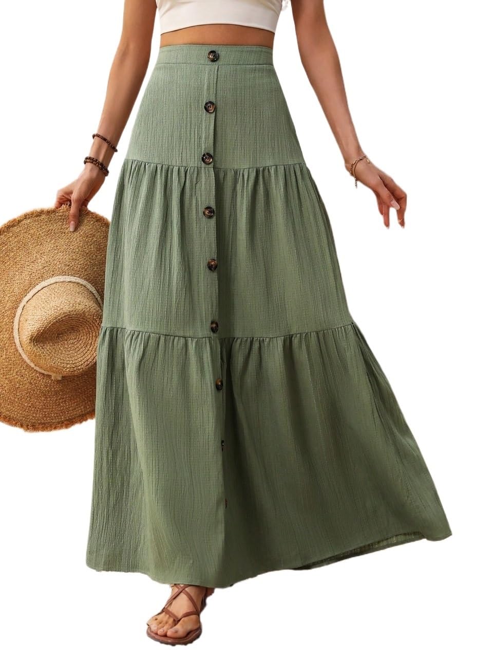 Faldas largas de mujer Solid Color Front Button Long Skirt High Waist Ruffle Hem falda del club