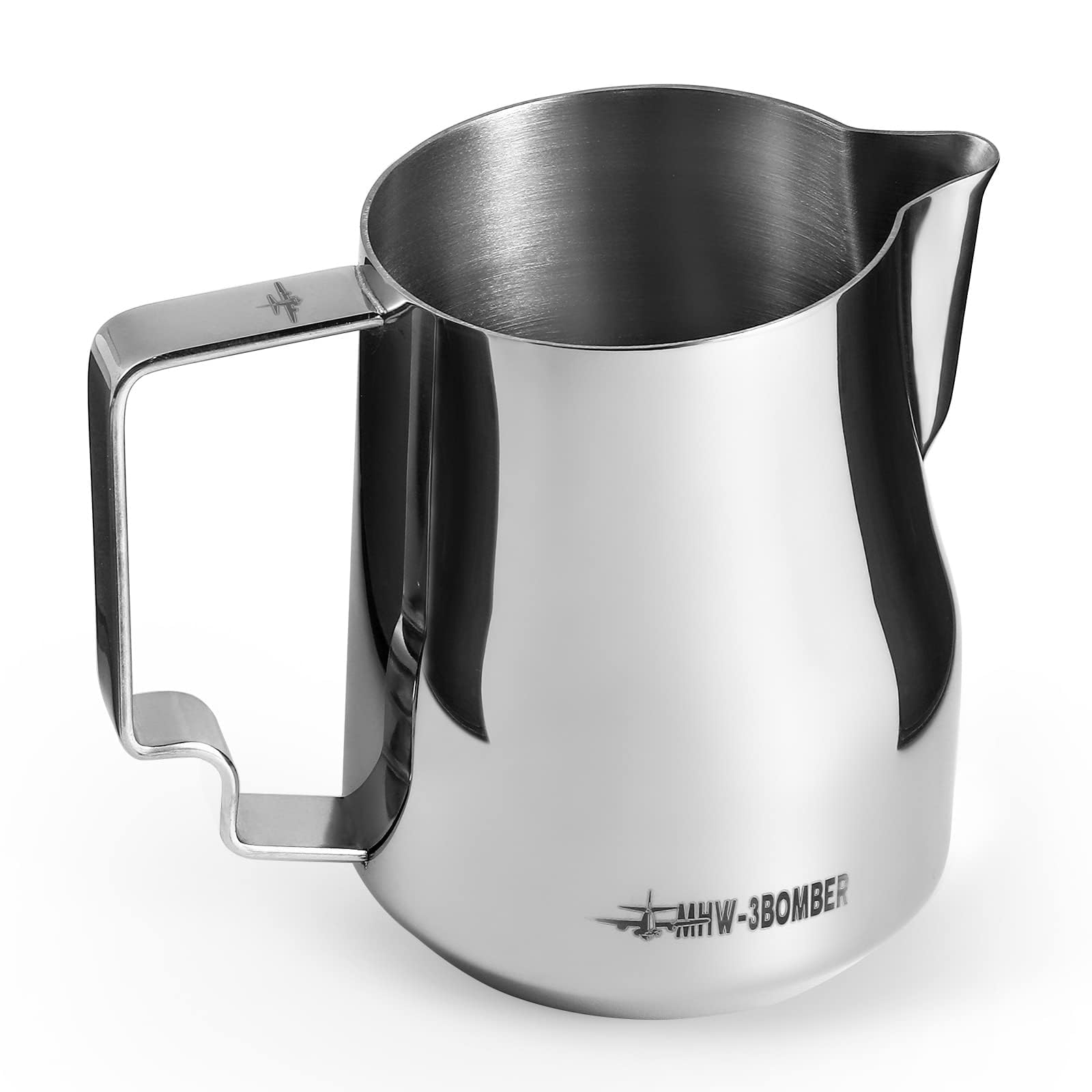MHW-3BOMBER Milk Frothing Pitcher 450ml/15.2oz Milk Frother Cup Espresso Steaming Pitcher Stainless Steel Milk Frother Cup Barista Latte Art Round Spout Milk Jug P6001S-OS