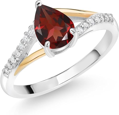 Keren Hanan - Anillo de plata de ley 925 y oro amarillo de 10 quilates, granate rojo y diamantes blancos cultivados en laboratorio para mujer (1.42