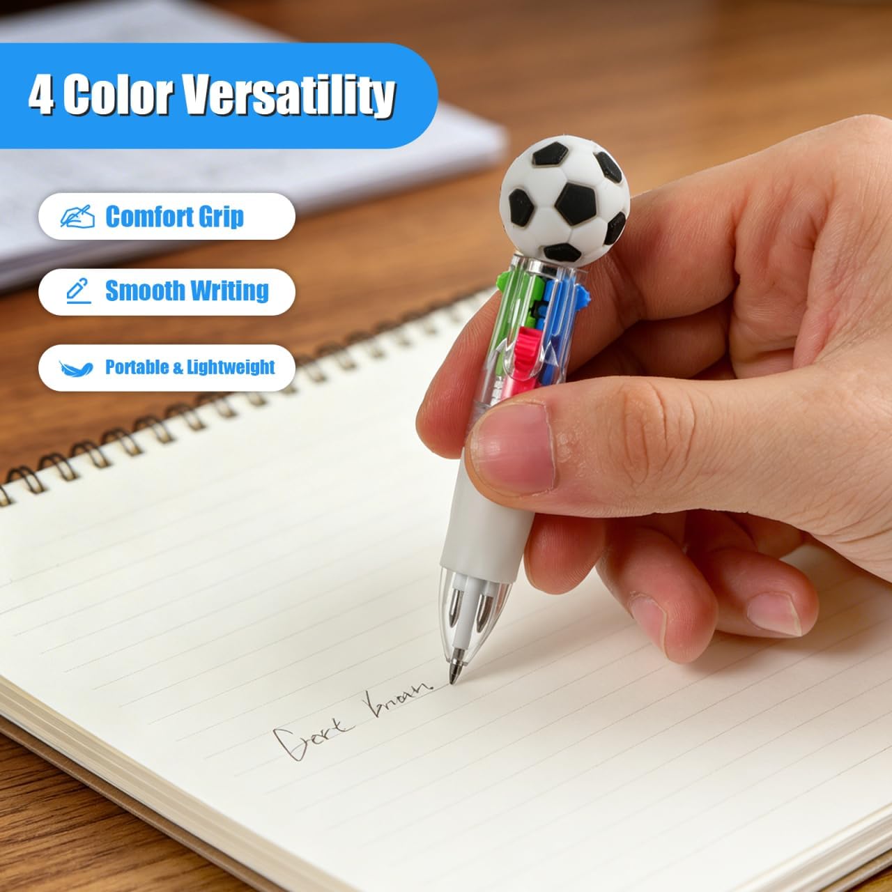 VOSAREA 12pcs PVC Soccer Party Favors Soccer Pens Bulk Goodie Bags Stuffers Multicolor in One 4-in-1 Retractable Football Novelty Ballpoint Pen for Classroom Rewards 3.46x0.79x0.79 Inch image 3