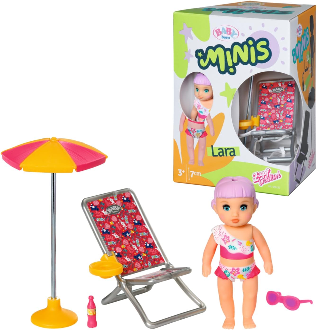 BABY born Minis Playset Summertime with Lara 906132-7cm Doll with Exclusive Accessories and Moveable Body for Realistic Play - Kids Age 3+