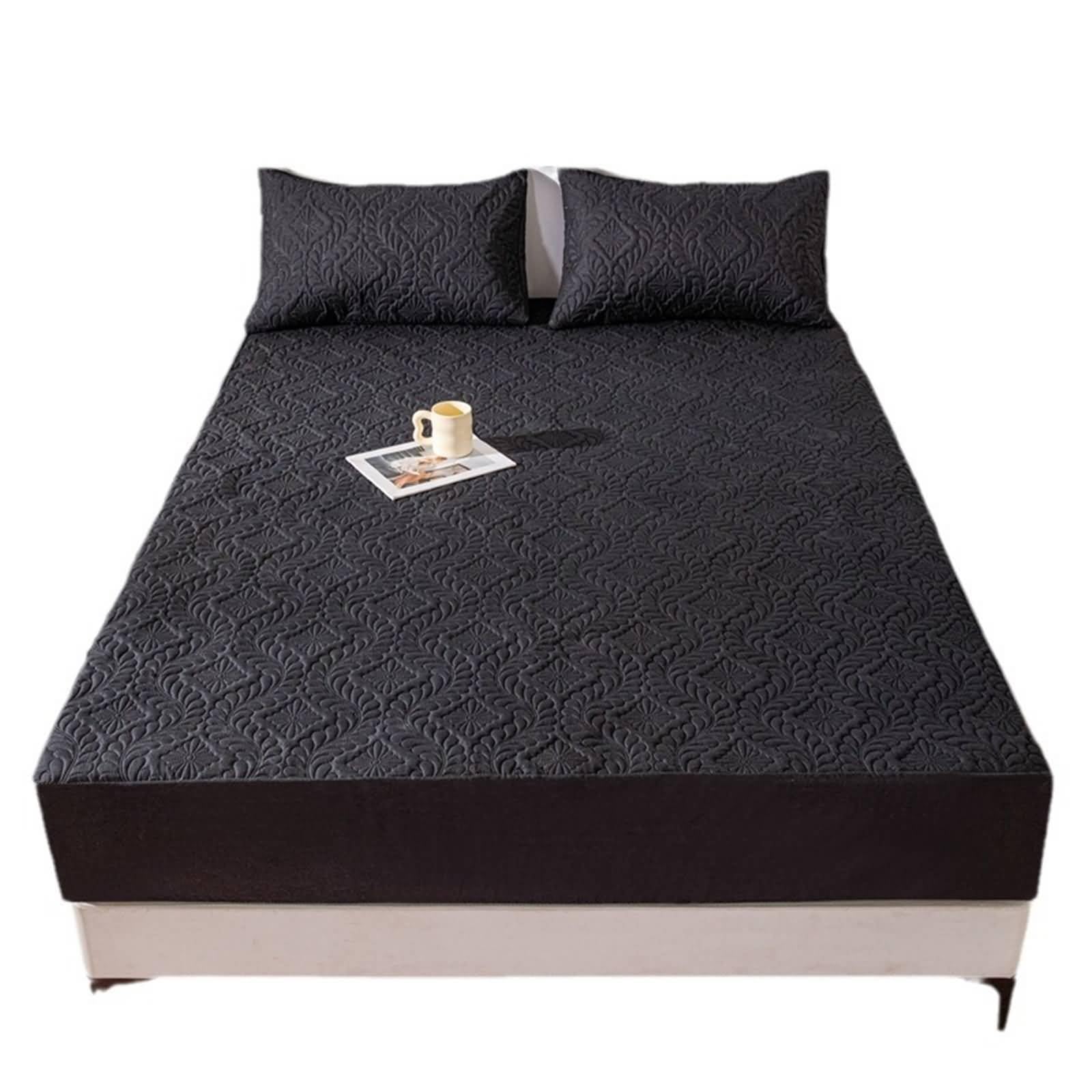 Lot de 3 Drap Housse avec Elastique en Polyester Coton, Couleur Unie avec Motif Floral, 150 x 200 CM + 2 Taies d'oreillers, Noir