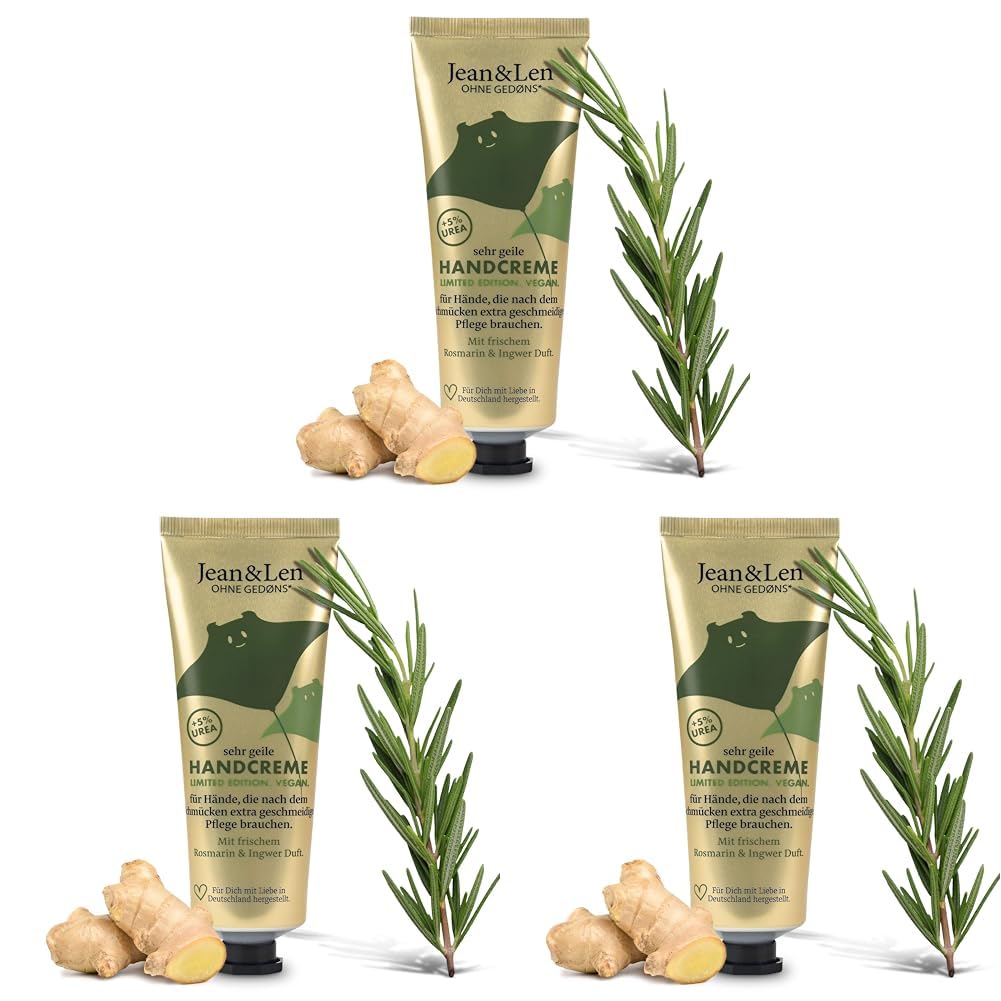 Jean & Len Sehr geile Handcreme Rosemary & Ginger, in der Weihnachtsedition, mit Urea, für trockene Hände, spendet Feuchtigkeit & pflegt intensiv, ohne Parabene & Silikone, Handcreme Tube, 75 ml