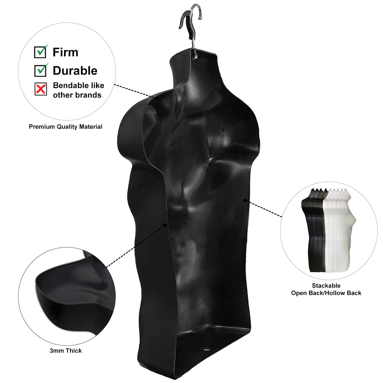 DisplayTown 6 Pack Black Male Mannequin Hollow Back Body Torso Dress Form w/ Clothes Clips and Hanging Hooks, S-M Sizes