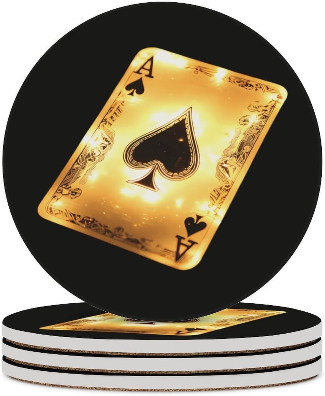 Glowing Aces Poker Funny Round Ceramic Coasters for Drink Absorbent Cup Holders Tabletop Protection