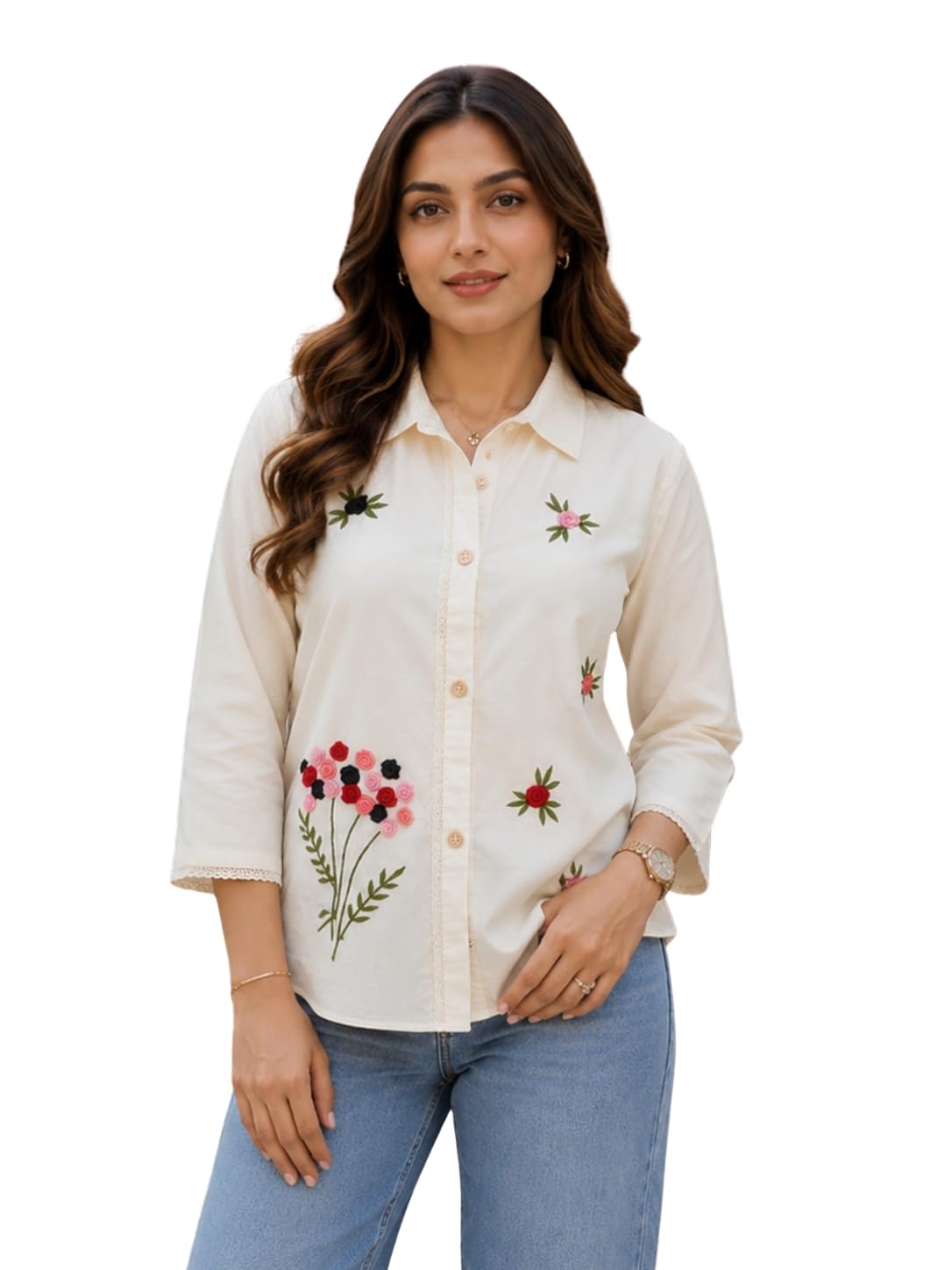 Women’s Off White Floral Embroidered Button-Down Shirt Top|| 3/4 Sleeve Casual Shirt Top Office & Casual Wear for Women-picture-54