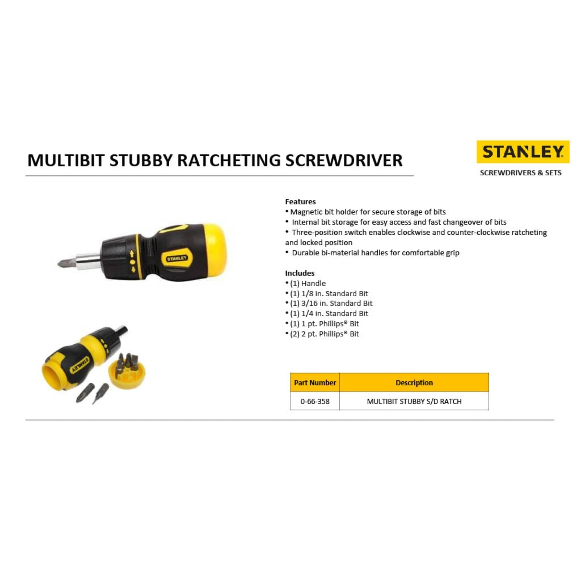 STANLEY 0-66-358 Multi-Bit Stubby Ratcheting Screwdriver, Comes with 6 Screwdriver Bits (PH1-PH2, PZ1-PZ2, Flared 4.5-6 mm), Magnetic Tip, Internal Bit Storage, Bi-Material Handle, Black & Yellow 3
