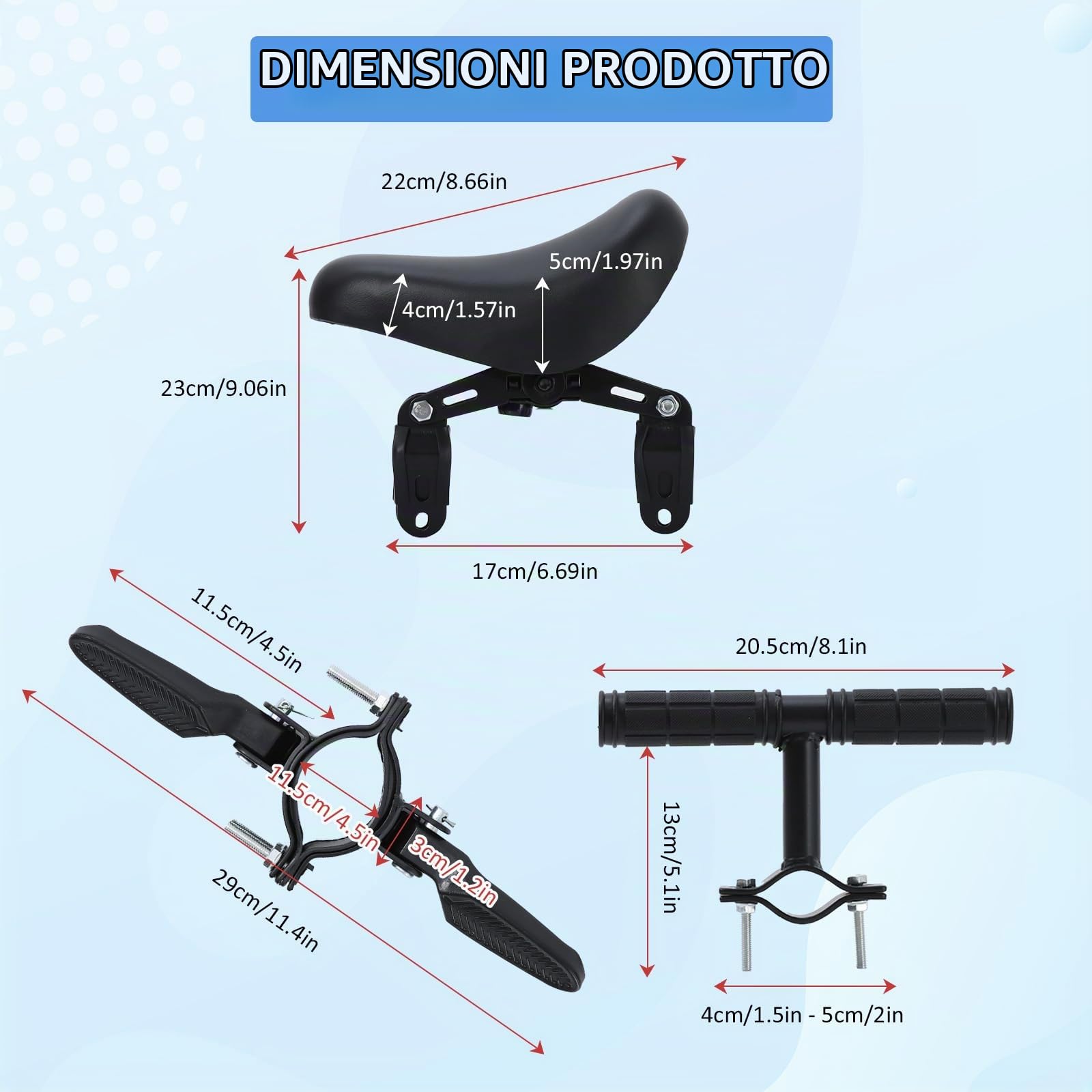 BWBIKE Seggiolino Anteriore Rimovibile per Bambini 2-5 Anni con Poggiapiedi, Manubrio di Sicurezza e Pedali - Compatibile con Biciclette MTB Adulto (Supporto Anteriore)