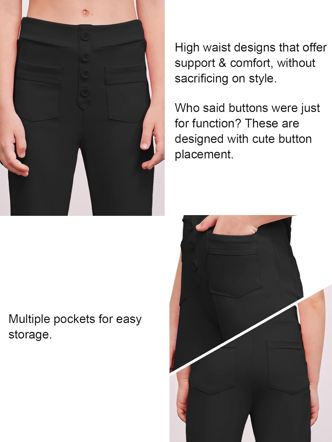 Haloumoning Girl's Flare Pants Kids High Waisted Button Multiple Pockets Yoga Bootcut Pants Full Length Bell Bottoms - Image 6