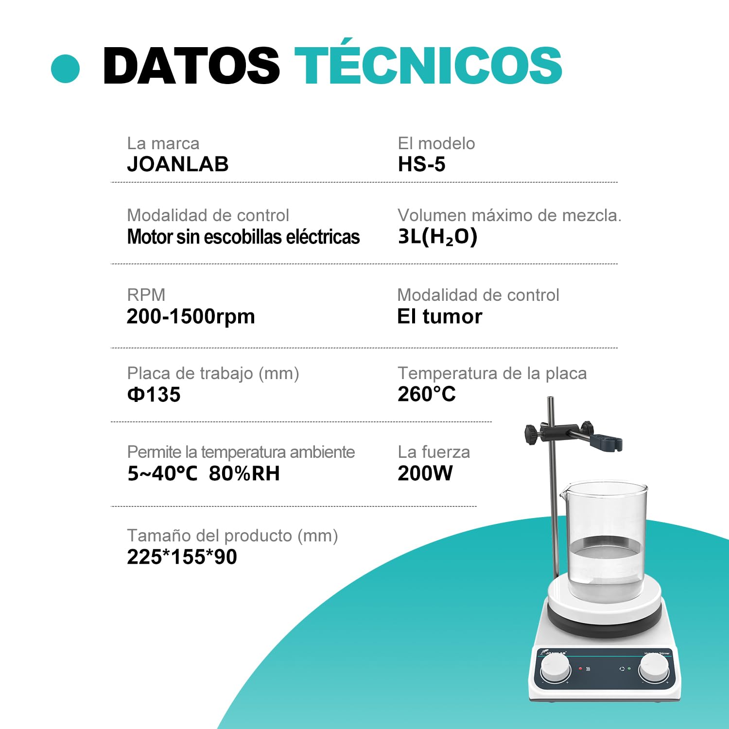 JOANLAB Agitador Magnético con Placa Calefactora, 5 Pulgadas, 260°C, 200-1500 rpm, Capacidad 3L, Funciones de Agitación y Calentamiento, Control de Perillas, Placa de Acero Inoxidable y Cerámica
