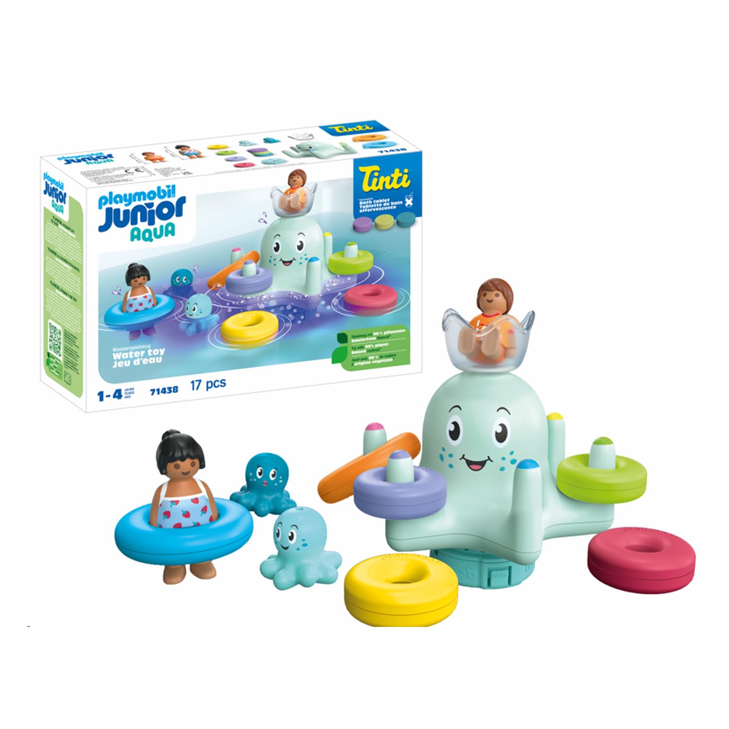 PLAYMOBIL Junior Aqua & Tinti 71438 Pulpo de Colores, con Cuatro Anillos de Colores para clasificar y Tres tabletas de baño Tinti, Juguetes para niños y niñas a Partir de 1 año