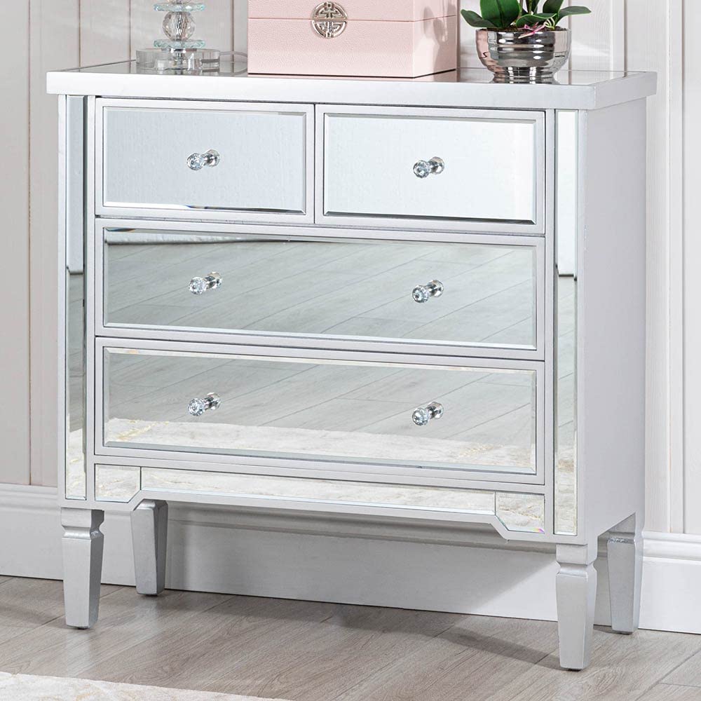 VANITY LIVING Chest of Drawers, 4 Drawers Treviso Silver Mirrored Storage Cabinet, Bedside Drawer Dresser for Hallway, Bedroom & Living Room Furniture