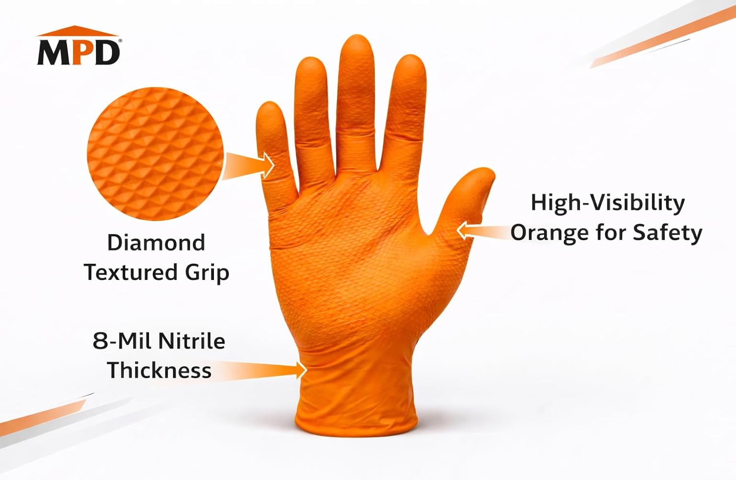 MPD Cobra Guard PRO Orange 8-Mil Nitrile Gloves, Diamond Textured Torque Grip, Heavy-Duty Disposable Work Gloves