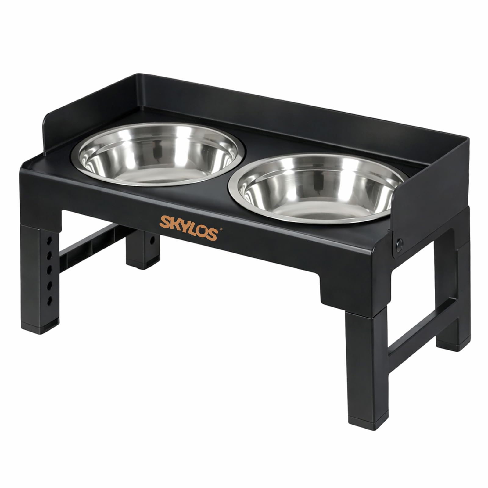 Skylos Raised Dog Bowls for Small Medium Large Dogs, 6 Height Adjustable Elevated Dog Bowl Stand with 2 Stainless Steel Bowls, 10° Tilt, Splash Guard, Foldable Dog Feeding Station