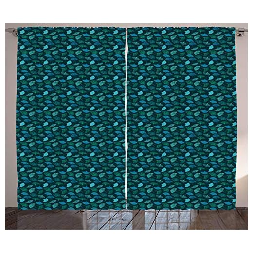 ABAKUHAUS Tropical Cortinas, Exótico Hojas De Ginkgo Motif, Estampas Digitales Customizadas Lavables Set de Dos Paños, 280 x 260 cm, Turquesa Trullo Oscuro Azul Petróleo