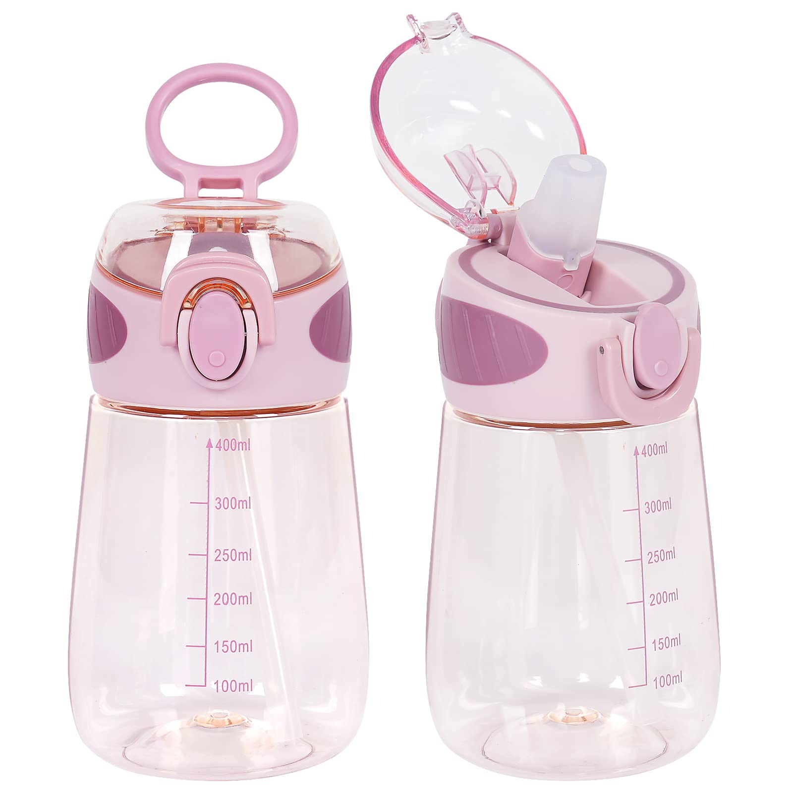 YOBOKO BPA Free Sports Water Bottle with Straw 14oz Bottle with Handle Wide Mouth 400ml Leak-Proof Straw Bottles for Boys Girls Adults (Pink)