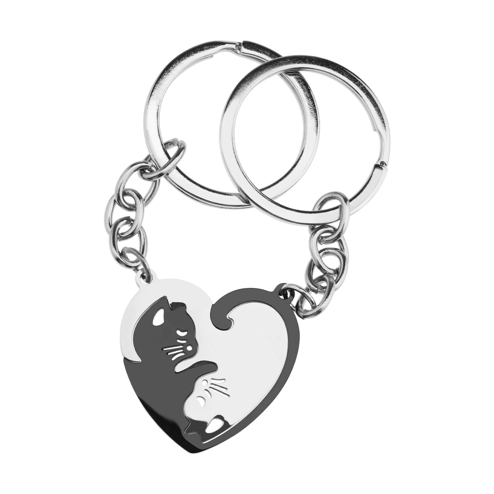 1 par de llaveros/collares de acero inoxidable pareja gatos en forma de corazón rompecabezas colgante conjunto a juego, Negro-Plata