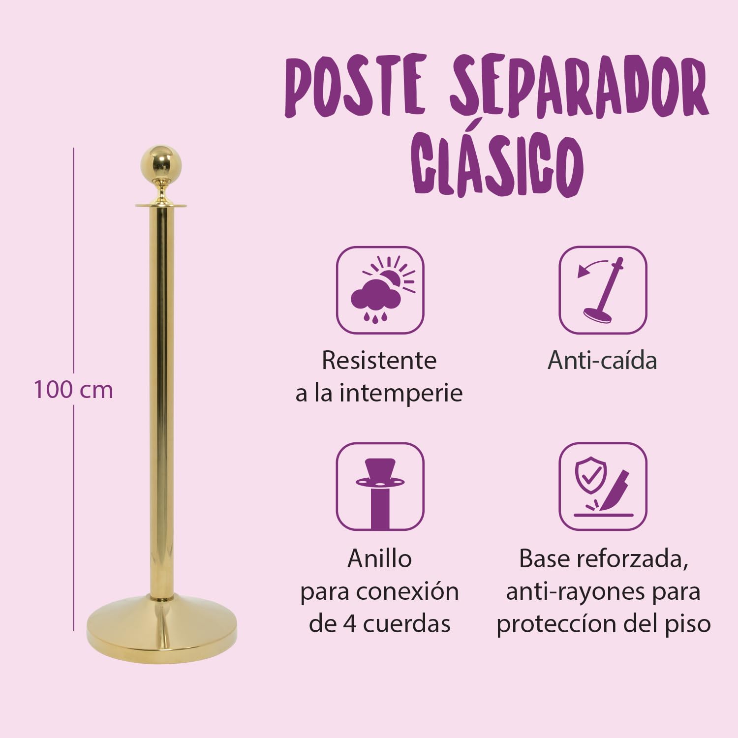 SECURIT Poste con Base para Sistema de Barrera Clásico Acero Inoxidable Acabado Dorado H. 95 cm